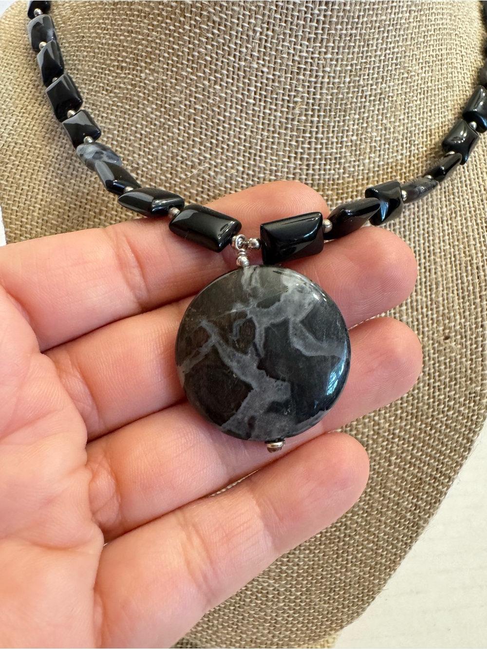 925 Sterling Silver Black Agate and Onyx Necklace Natural Gemstones Jewelry